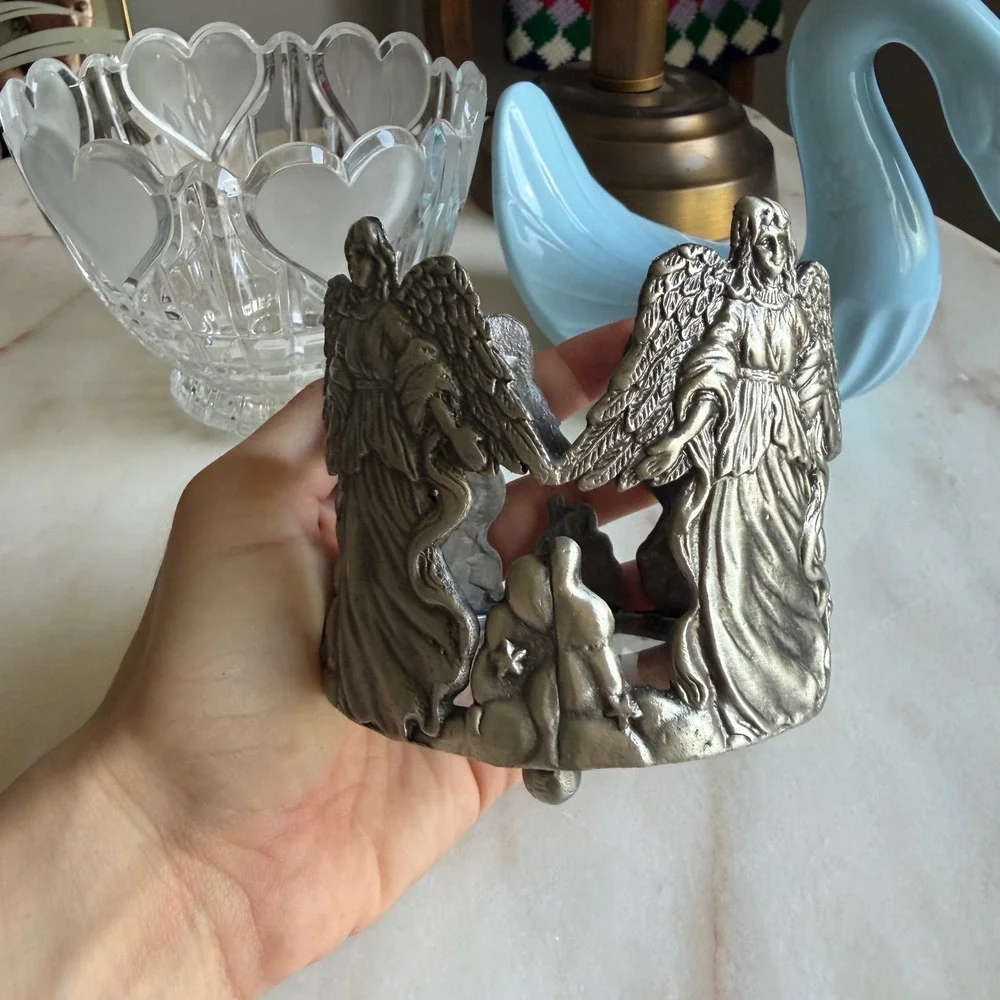 Vintage Angel Pewter Tone Metal Candle Sleeve‎ Jar Holder Celestial Decor